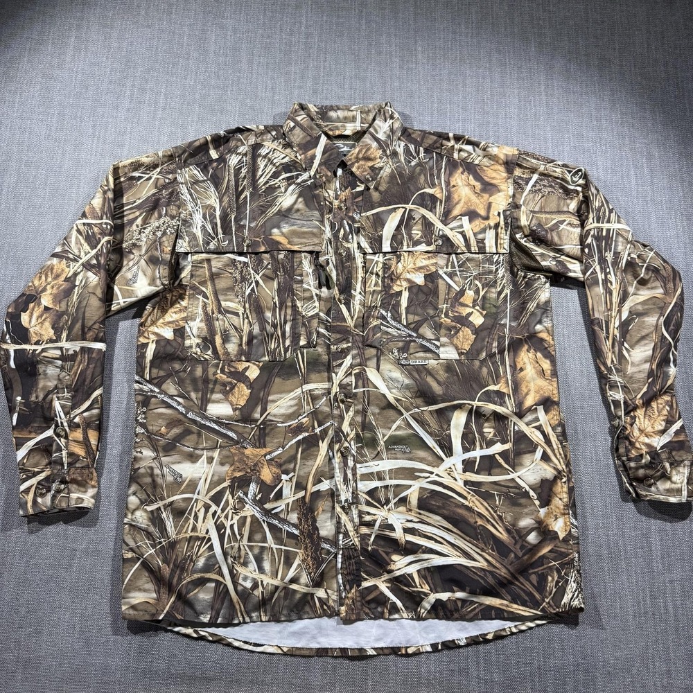 Drake Shirt Mens Large Brown Advantage Max-4 Camo Long Sleeve Button Up Hunting